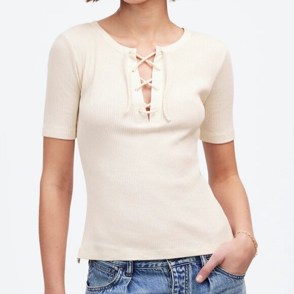 Madewell Ribbed Lace-Up Short-Sleeve Tee Size XXS - Picture 1 of 12